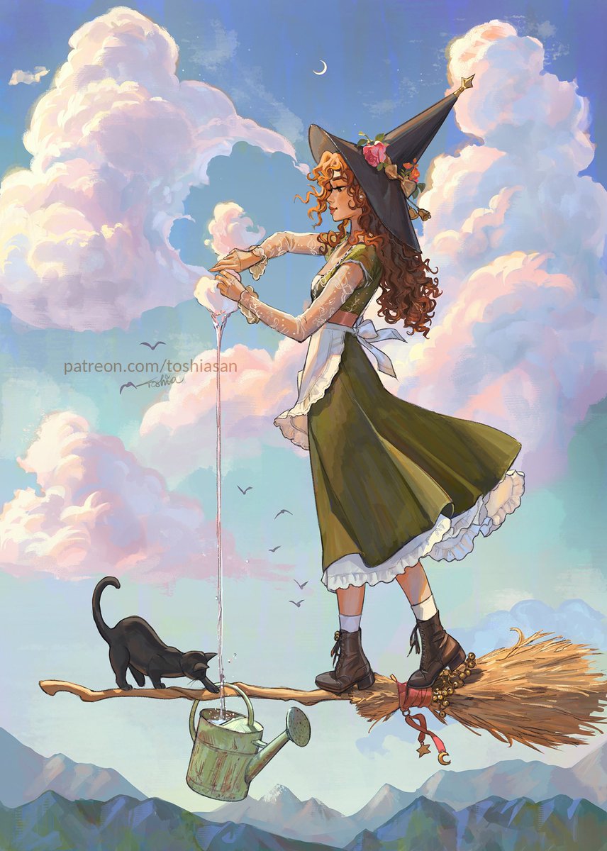 1girl broom hat witch hat witch cloud flower  illustration images