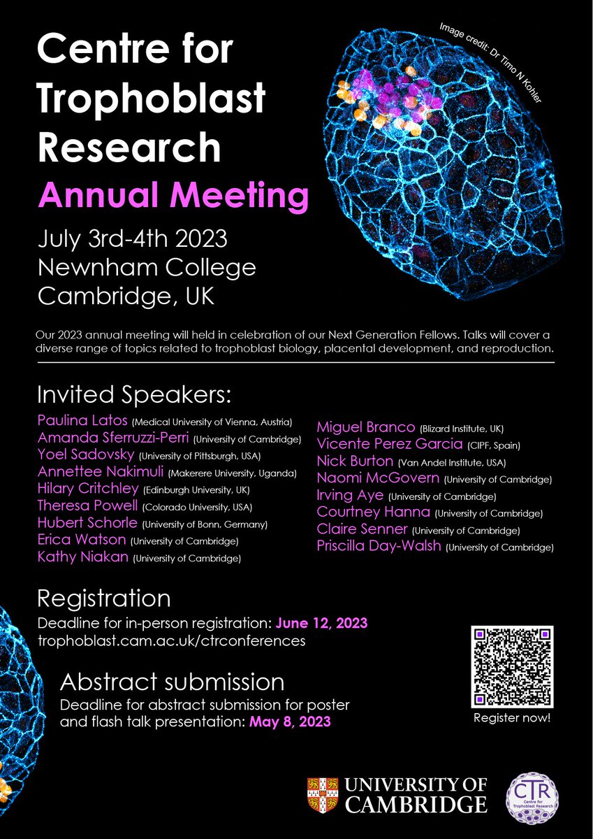 Registration and abstract submission are now open for the 2023 CTR Annual Meeting! 

Abstract deadline:  8 May 2023
In-person registration deadline: 12 June 2023

Find out more: trophoblast.cam.ac.uk/ctrconferences…