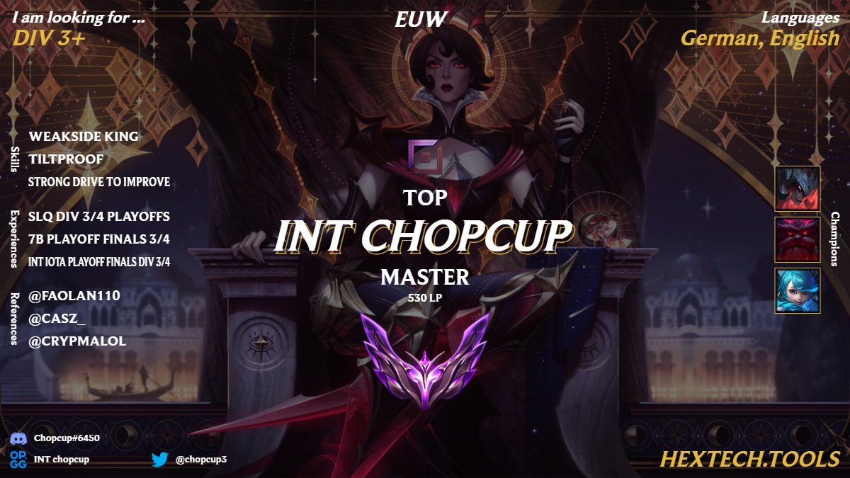 although  i am still in talks with 
<a href="/intSport1/">intSport</a>

I'm looking for offers/tryouts for PL3+.
Feel free to DM me on Discord.
🔁greatly appreciated!
<a href="/lft_prime/">Prime League LFT</a>

<a href="/LoL_LFT/">LoL Looking For Team 🇮🇹 🇪🇺</a>