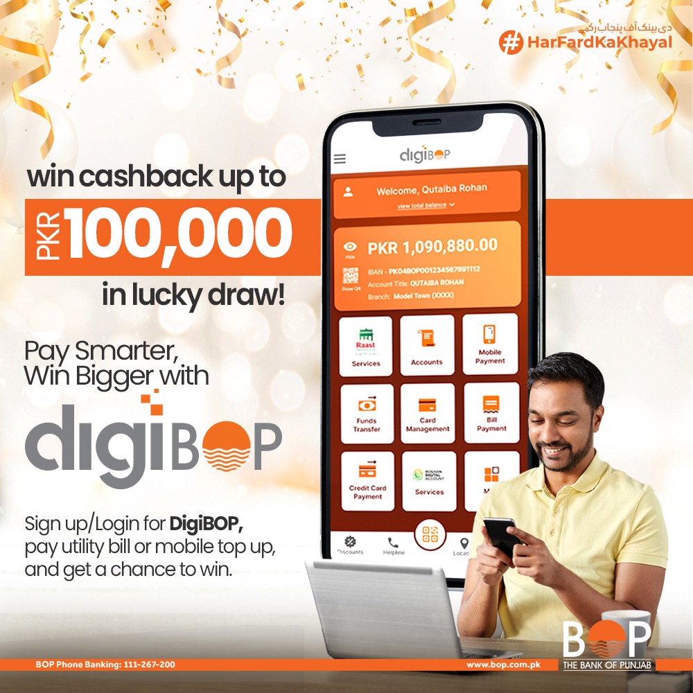 Experience smarter payments with DigiBOP and win big! 💡💰 Sign up for the DigiBOP app today and enter our Lucky Draw to win cashback up to RS.100,000. What are you waiting for?

Download app link: onelink.to/4gqbs2
DigiBOP link: digibop.com.pk

#CashbackOffer