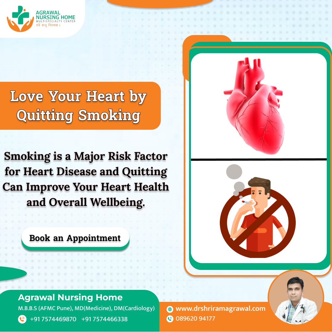 Love Your Heart by Quitting Smoking!
.
.
#QuittingSmoking #Smoking #heartbeat #HeartDiseaseRisk #healthyfruit #phisicalactivites #ramjibabahoshangabad #gorishahbaba #agrawalnuringhome #nuringhome #patientcare #drshriramagrawal #MadhyaPradesh #Hoshangabad #नर्मदापुरम