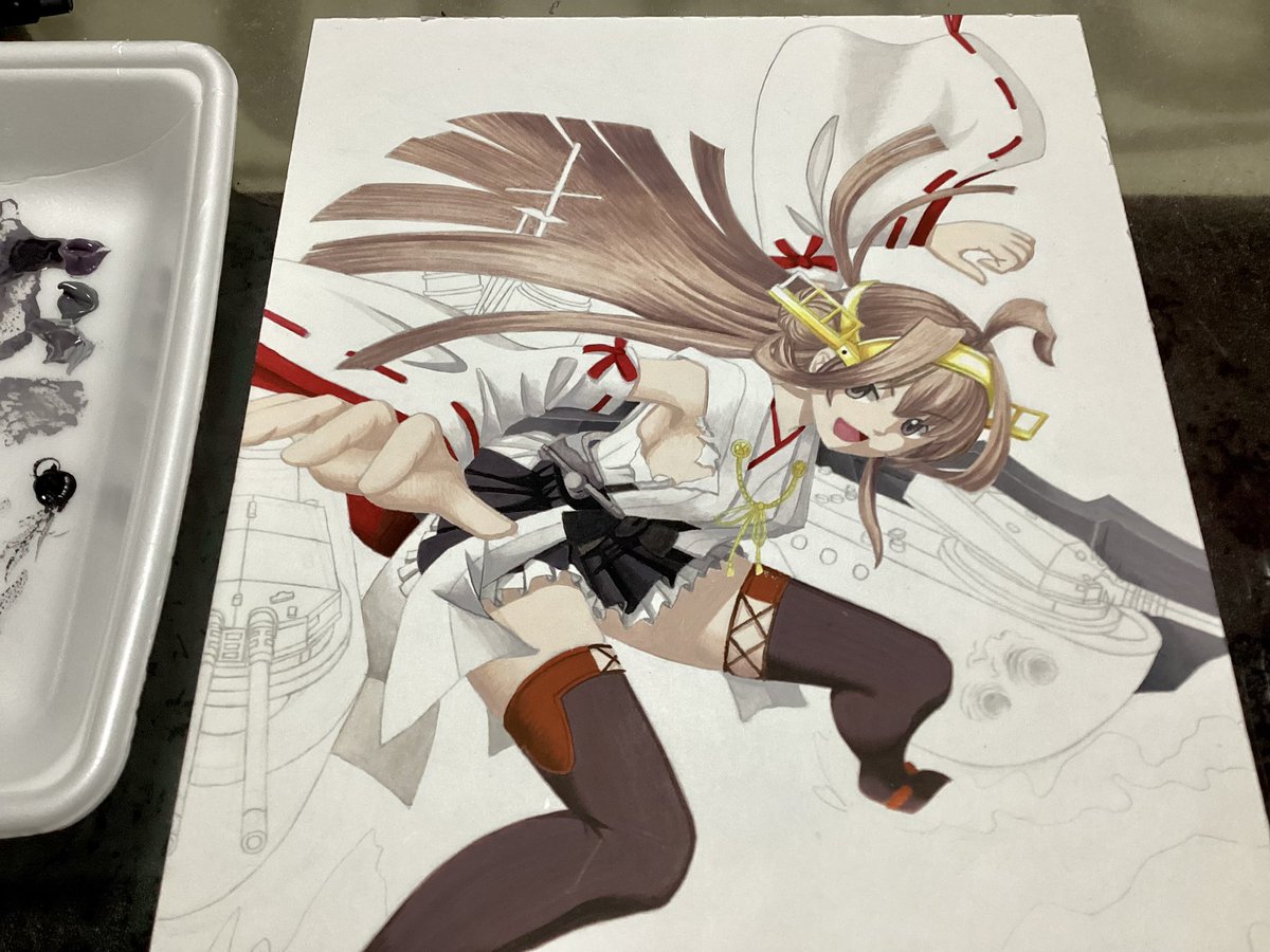 金剛(艦これ) 「#艦これ #金剛 絵、本日も少し塗り進行。明日は、煙突部の塗り。艤装は、最速で来」|真オーゼ（(@_@))のイラスト