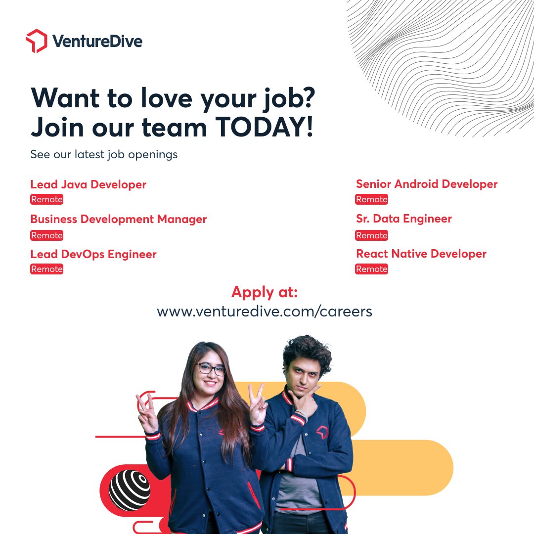 VentureDive's tweet image. Future of work is Remote,
 so are we! Anddd, we are hiring!
View all open positions here: lnkd.in/dUf7TGnj
#CareersAtVentureDive #JavaDeveloperJobs #AndroidDeveloper #ReactJS #BusinessDevelopmentJobs #DataEngineer  #Technology #Jobs #IT #Careers #RemoteWork #Software