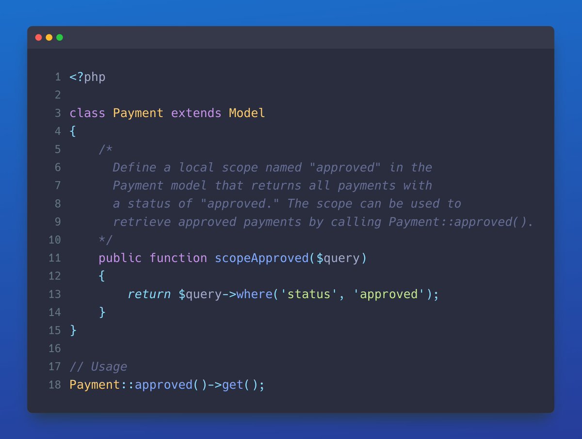 codewithdary's tweet image. Use local scopes in your Laravel app to define query constraints that can be applied to any Eloquent query builder instance, instead of repeatedly performing queries. 2 days until I release my Query Builder & Eloquent course #laraveltips