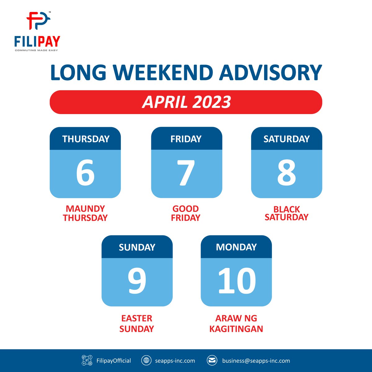 filipayofficial's tweet photo. It will be a long weekend this April!
"Adventure awaits! Make the most of this long weekend by exploring new places, trying new things, and creating unforgettable memories."
#FILIPAY
#CommutingMadeEasy
#LongWeekend2023 https://t.co/3VY4TeDRPH