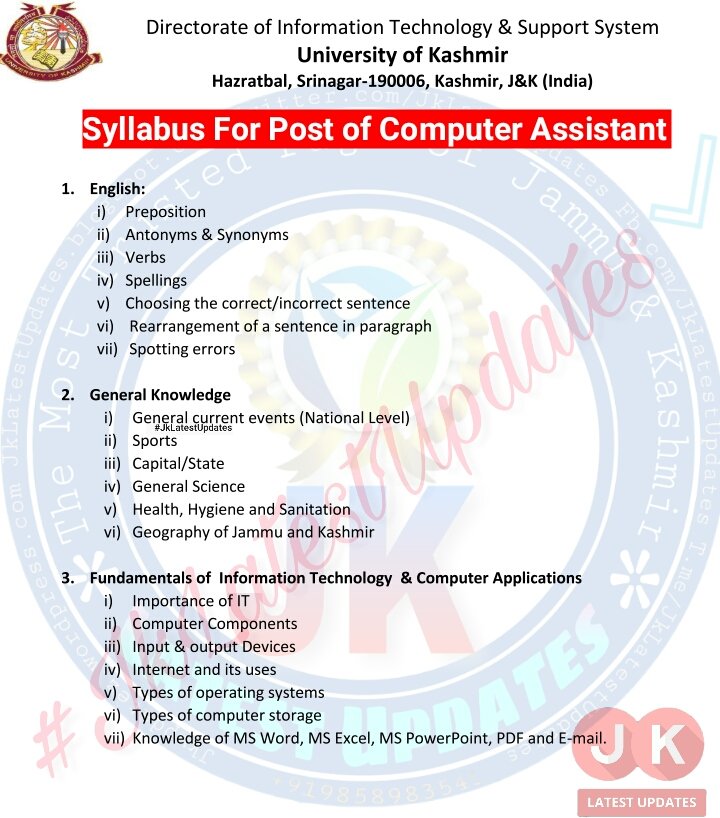 JkLatestUpdates's tweet image. [University of Kashmir]
.
.
&amp;gt;&amp;gt; Syllabus For Post of Computer Assistant. #JkLatestUpdates
.
.
&amp;gt; [SHARE IT] +  #ComputerAssistant  @diprjk @iustjk @bgsbuofficial