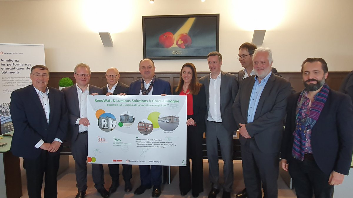 wborsus's tweet photo. A Grâce-Hollogne pour signer le contrat de performance énergétique pour 4 bâtiments qui vont connaitre une rénovation au travers du programme #RenoWatt et avec #LuminusSolutions. Objectifs : réduire les émissions de CO2 de 53% et réaliser une économie d’énergie primaire de 50% https://t.co/LbdfIOlKST