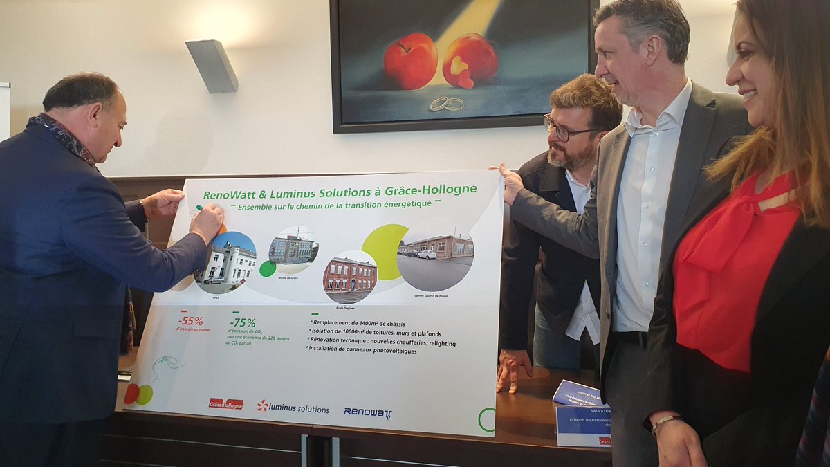 wborsus's tweet photo. A Grâce-Hollogne pour signer le contrat de performance énergétique pour 4 bâtiments qui vont connaitre une rénovation au travers du programme #RenoWatt et avec #LuminusSolutions. Objectifs : réduire les émissions de CO2 de 53% et réaliser une économie d’énergie primaire de 50% https://t.co/LbdfIOlKST