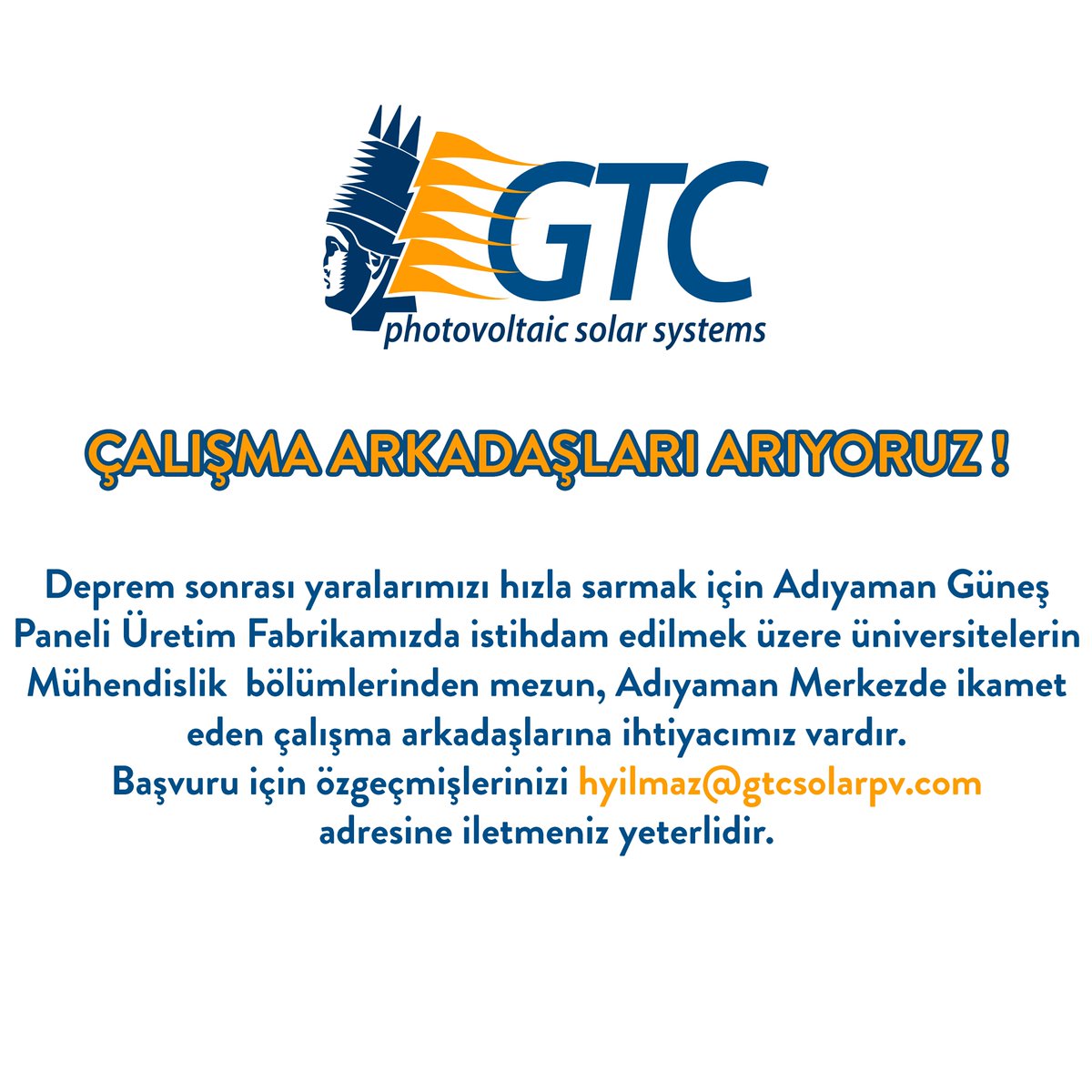Çalışma Arkadaşları Arıyoruz!

#hiring #adiyaman #muhendis #yeniis #gtc #gtctrade #gtcgunessanayiveticaretas #gtcsolar
