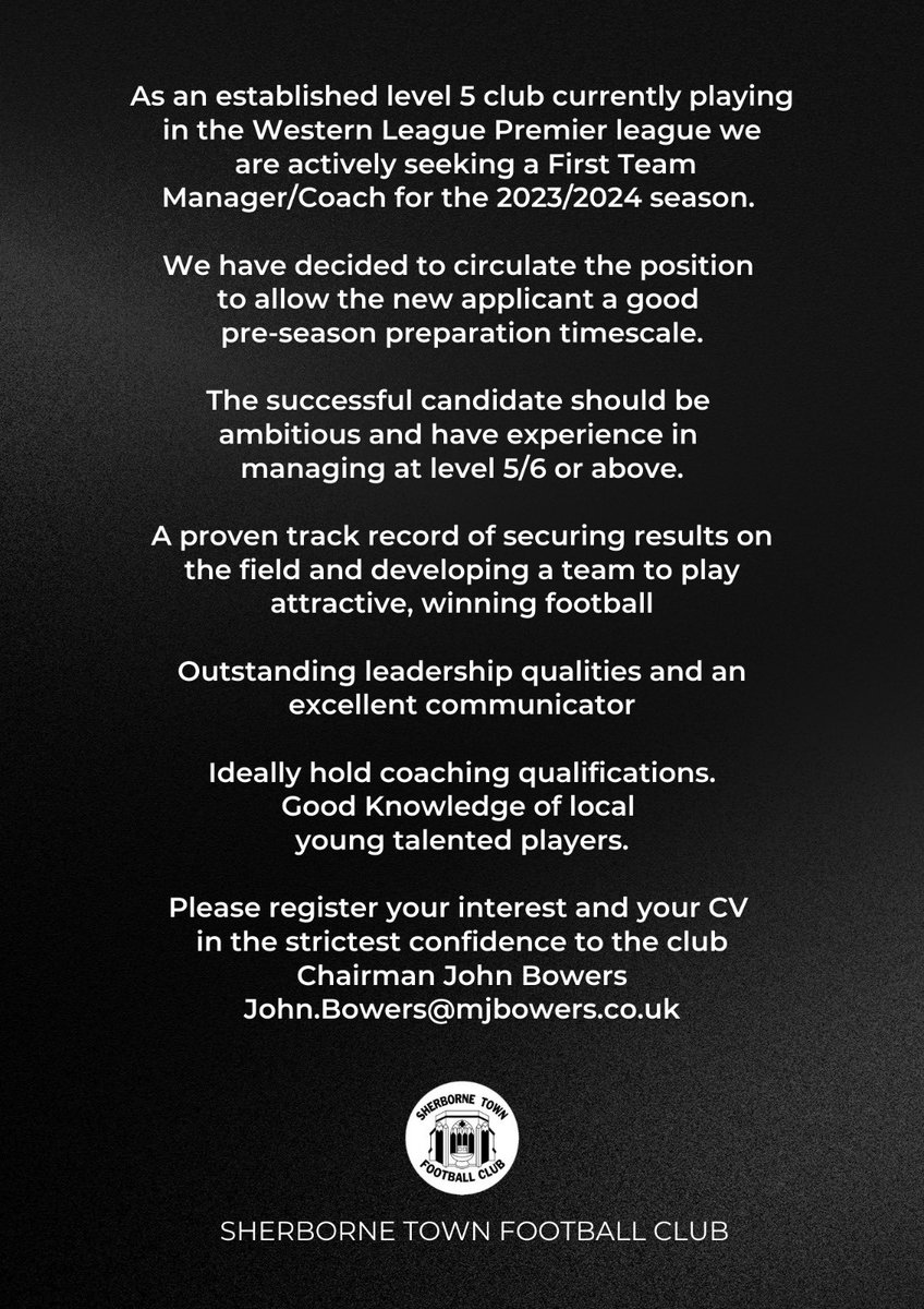 Today is the cut off point to get your application in to become our new first team Manager/coach ahead of 2023/2024 @TSWesternLeague season #Zebras #COYZ #JoinTheDazzle #Dorset <a href="/tswlfans/">Toolstation Western League Fans🇺🇦</a> <a href="/swsportsnews/">South West Sports News</a> <a href="/Abbey_104/">Abbey104</a> <a href="/sherbornetimes/">Sherborne Times</a> <a href="/NonLeagueCrowd/">Non League Crowds</a> <a href="/sportwestdorset/">West Dorset Magazine Sport</a> <a href="/DorsetCFA/">Dorset County Football Association</a>