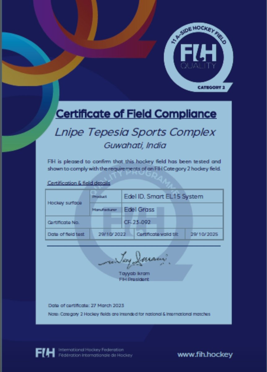 Also_Famous's tweet photo. Thrilled to announce our project at LNIPE, Guwahati has been awarded FIH Global Category 2 certification! Grateful to partner with @Edel_Grass &amp; use their cutting-edge product, I.D Smart EL 15, for an Eco-friendly solution.
#EcoFriendly #teamwork #Techno_Sports_Infra https://t.co/SDGeMXl5dA