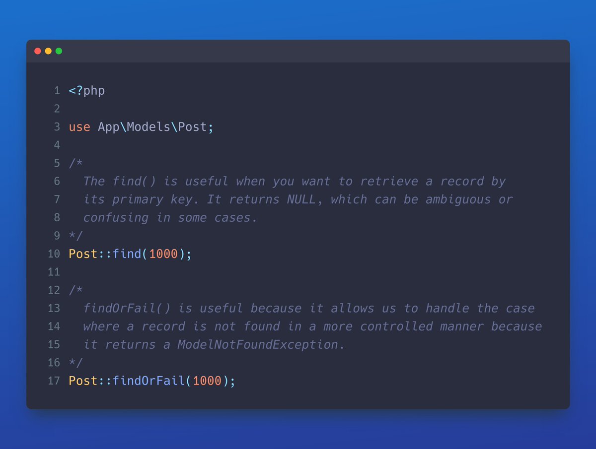 codewithdary's tweet image. Both the find() method and findOrFail() method are useful for retrieving a single record. However, they return different responses when a record is not found. Which one do you use?
3 days until I release my Query Builder & Eloquent course #laraveltips