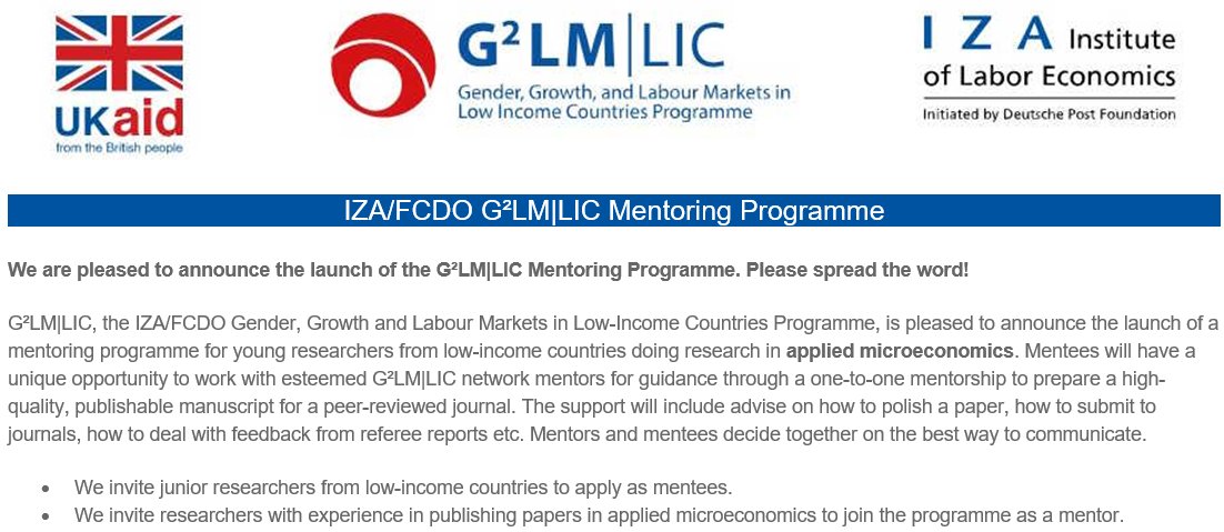 G2LM|LIC (@glmlic) on Twitter photo With the goal of increasing #Diversity in #research, <a href="/GLMLIC/">G2LM|LIC</a> is pleased to announce the launch of a mentoring programme for young researchers from low-income countries doing research in applied microeconomics. 🤝🌍
Details here: g2lm-lic.iza.org/g2lmlic-mentor…
<a href="/FCDOGovUK/">Foreign, Commonwealth & Development Office</a> #EconTwitter With the goal of increasing #Diversity in #research, <a href="/GLMLIC/">G2LM|LIC</a> is pleased to announce the launch of a mentoring programme for young researchers from low-income countries doing research in applied microeconomics. 🤝🌍
Details here: g2lm-lic.iza.org/g2lmlic-mentor…
<a href="/FCDOGovUK/">Foreign, Commonwealth & Development Office</a> #EconTwitter