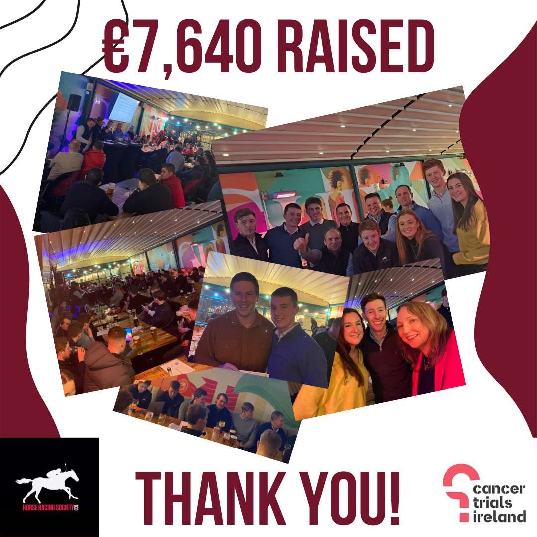 TCDHorseRacing's tweet photo. We’re delighted to announce that our Cheltenham preview night raised €7,640 for @cancertrials_ie 🎉 Thanks again to our panel, those who donated a raffle prizes and everyone for coming along!!🐎We were blown away by the support! https://t.co/UX9VJMlw7o