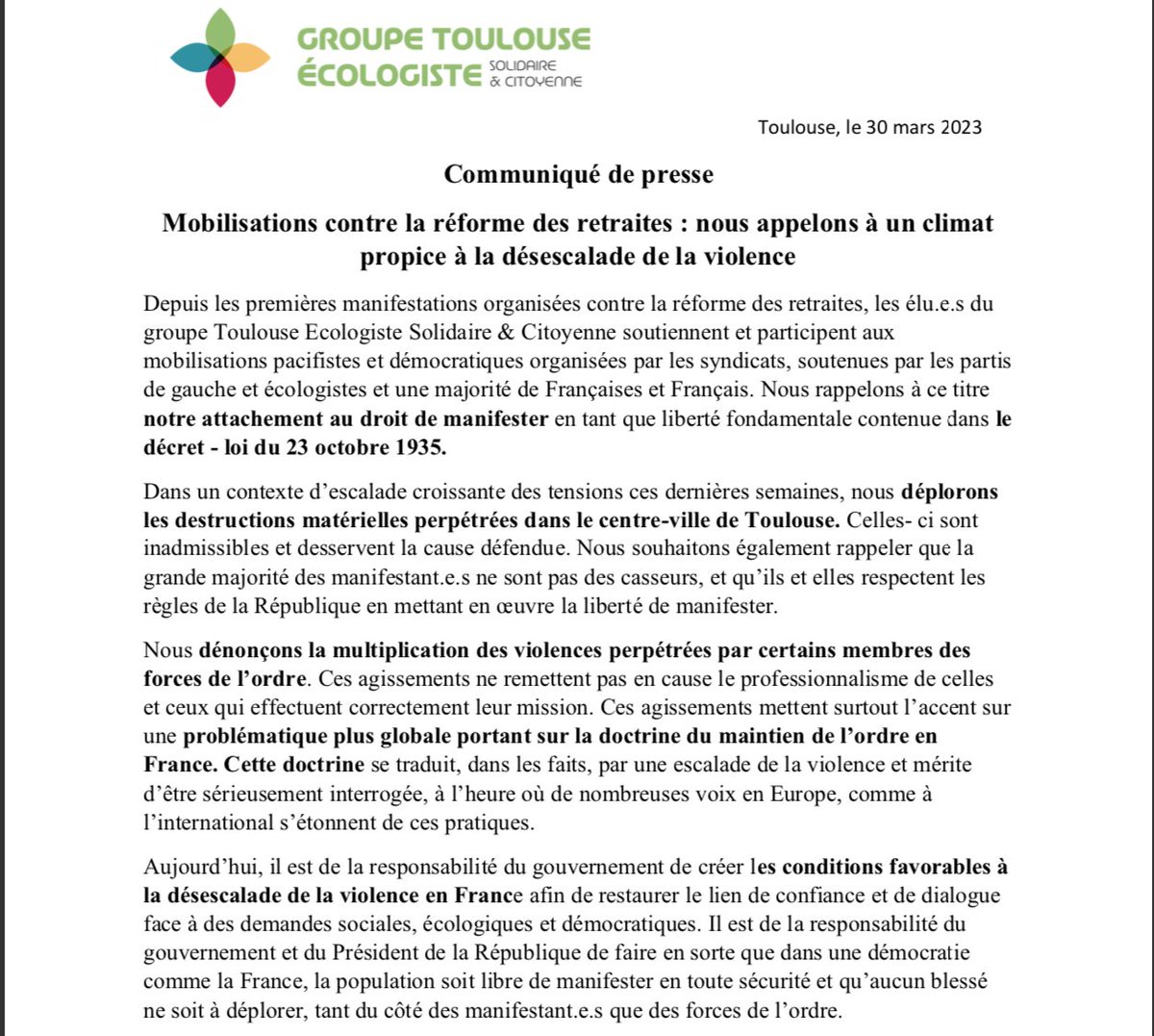 #ReformeDesRetraites #ViolencesPolicières

Nous rappelons notre attachement au droit de #manifester de façon pacifiste, comme #liberté fondamentale de notre #République✊

Nous appelons à un climat propice à la désescalade des violences à #Toulouse 
Notre communiqué de presse ⬇️