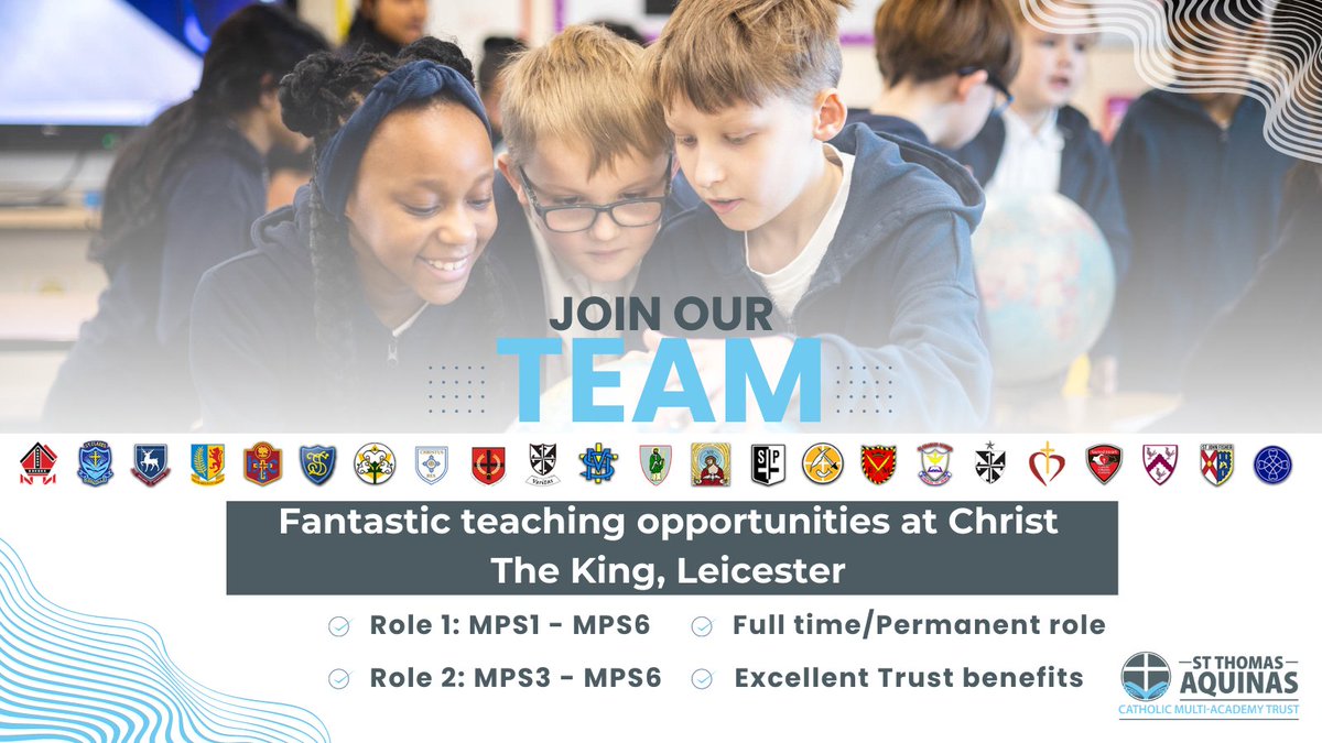 St Thomas Aquinas CMAT (@sta_cmat) on Twitter photo A fantastic opportunity has arisen to join Christ The King, Catholic Voluntary Academy in Leicester. A three-form entry, primary school situated in the heart of Leicester. đź’™
We are looking to appoint 2 permanent teachers. Visit:
bit.ly/3nyxTN0
<a href="/MrTs_NQTs/">Mr T's NQT/ECT support 🙋🏻‍♂️</a> <a href="/CTKLeicester/">Christ the King Catholic Voluntary Academy</a> A fantastic opportunity has arisen to join Christ The King, Catholic Voluntary Academy in Leicester. A three-form entry, primary school situated in the heart of Leicester. 💙
We are looking to appoint 2 permanent teachers. Visit:
bit.ly/3nyxTN0
<a href="/MrTs_NQTs/">Mr T's NQT/ECT support 🙋🏻‍♂️</a> <a href="/CTKLeicester/">Christ the King Catholic Voluntary Academy</a>