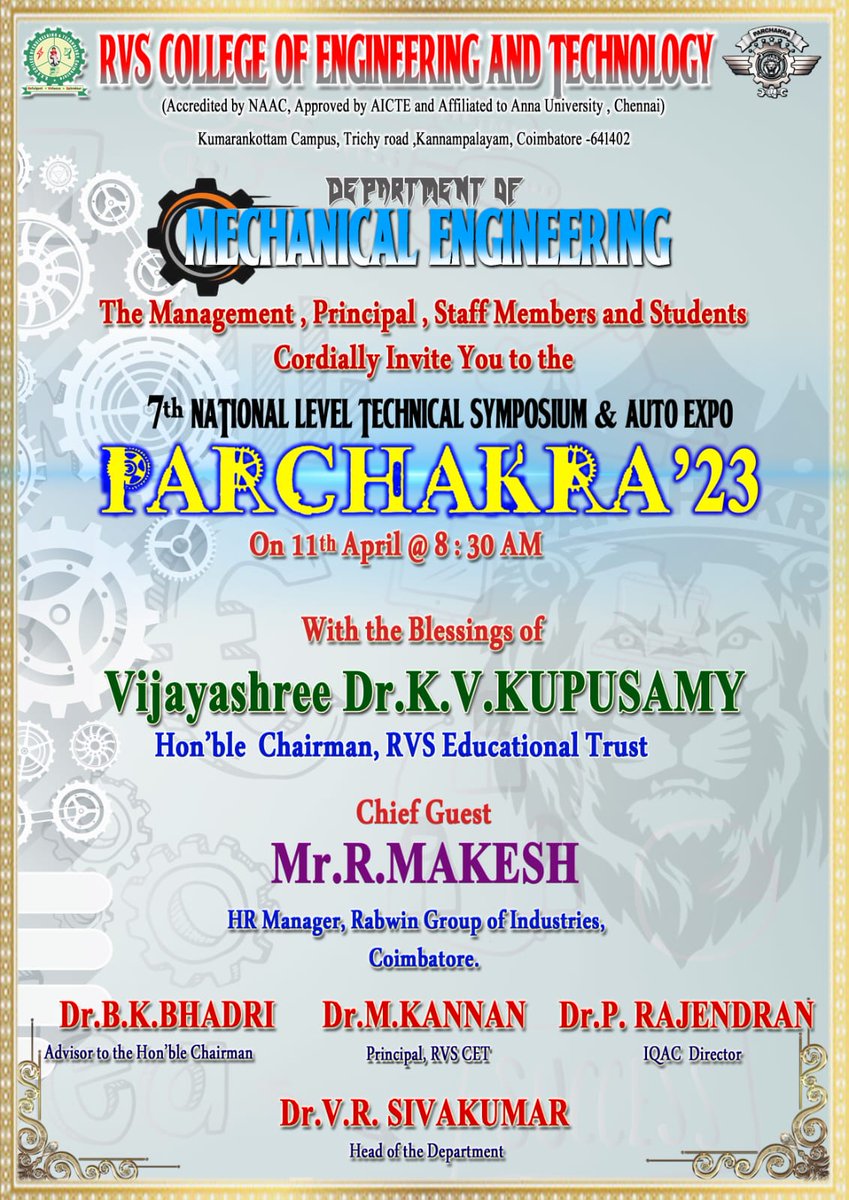 parchakra23's tweet photo. Welcome to all frds ⛓️⚙️#mechanicalengineering 
#TamilNadu #Engineering #Coimbatore #rvscet @parchakra23 #symposium chief guest #rabwingroupofindustries  HR manager @rmahesh https://t.co/h2tFP2DNgj