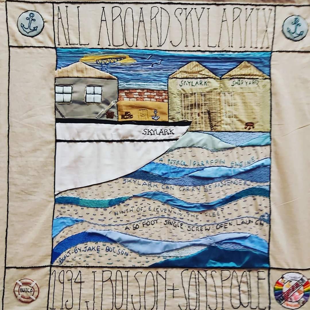 SkylarkIX's tweet photo. We launched our beautiful new 12 panel "Skylark Tapestry" on Tues night, which tells some of our Dunkirk Little Ship's stories

Funded by @scotgov Community Mental Health &amp; Wellbeing Fund, made by a wonderful group of West Dunbartonshire folk, led by artist Suzanne @MagpieMaison https://t.co/ARHzahrY0h