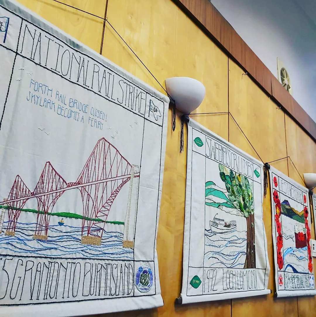 SkylarkIX's tweet photo. We launched our beautiful new 12 panel "Skylark Tapestry" on Tues night, which tells some of our Dunkirk Little Ship's stories

Funded by @scotgov Community Mental Health &amp; Wellbeing Fund, made by a wonderful group of West Dunbartonshire folk, led by artist Suzanne @MagpieMaison https://t.co/ARHzahrY0h