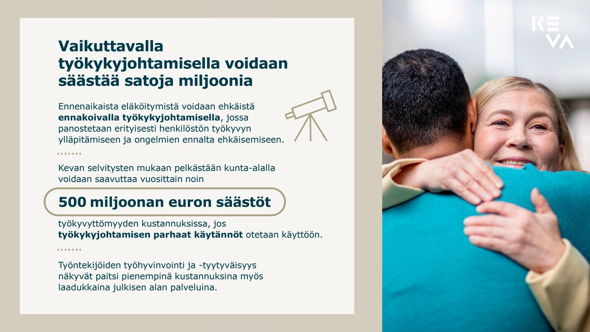 Julkisen alan henkilöstön työkykyä ja työhyvinvointia voidaan parantaa vaikuttavalla työkykyjohtamisella ja työterveysyhteistyöllä.
🧵3/
keva.fi/uutiset-ja-art…  

#työkyky  #johtaminen