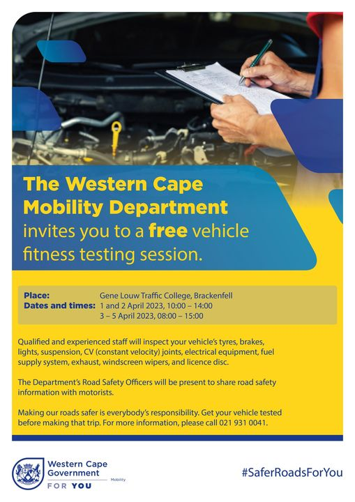 Get your vehicle checked before the school holidays! We’re offering FREE vehicle fitness checks at 
Gene Louw Traffic College 
1 to 5 April 2023. 
01 &amp; 02 April 2023 from 10h00-14h00 
03 - 05 April 2023 from 08h00-15h00
#BeTheChange #SafeRoadsForYou