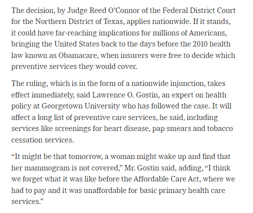 This @nytimes story on Judge O'Connor's decision misses a key point. The decision only applies to PSTF guidelines issued *after 2010*. Mammographies for women 50-74 were covered with a 'B' rating in 2009, so no one's going to lose coverage for them. uspreventiveservicestaskforce.org/uspstf/recomme…