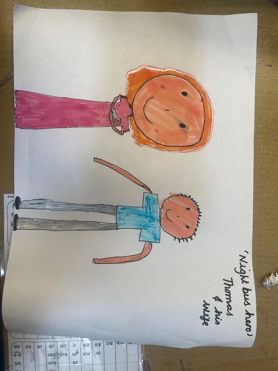 What an impact your  book “Night Bus Hero” has had on a pupil! After being recommended your book by me, she has been enjoying it so much! I wanted to share with you a picture she drew of Thomas and his wife! ❤️ thank you for inspiring with your powerful words! <a href="/OnjaliRauf/">onjali rauf</a>