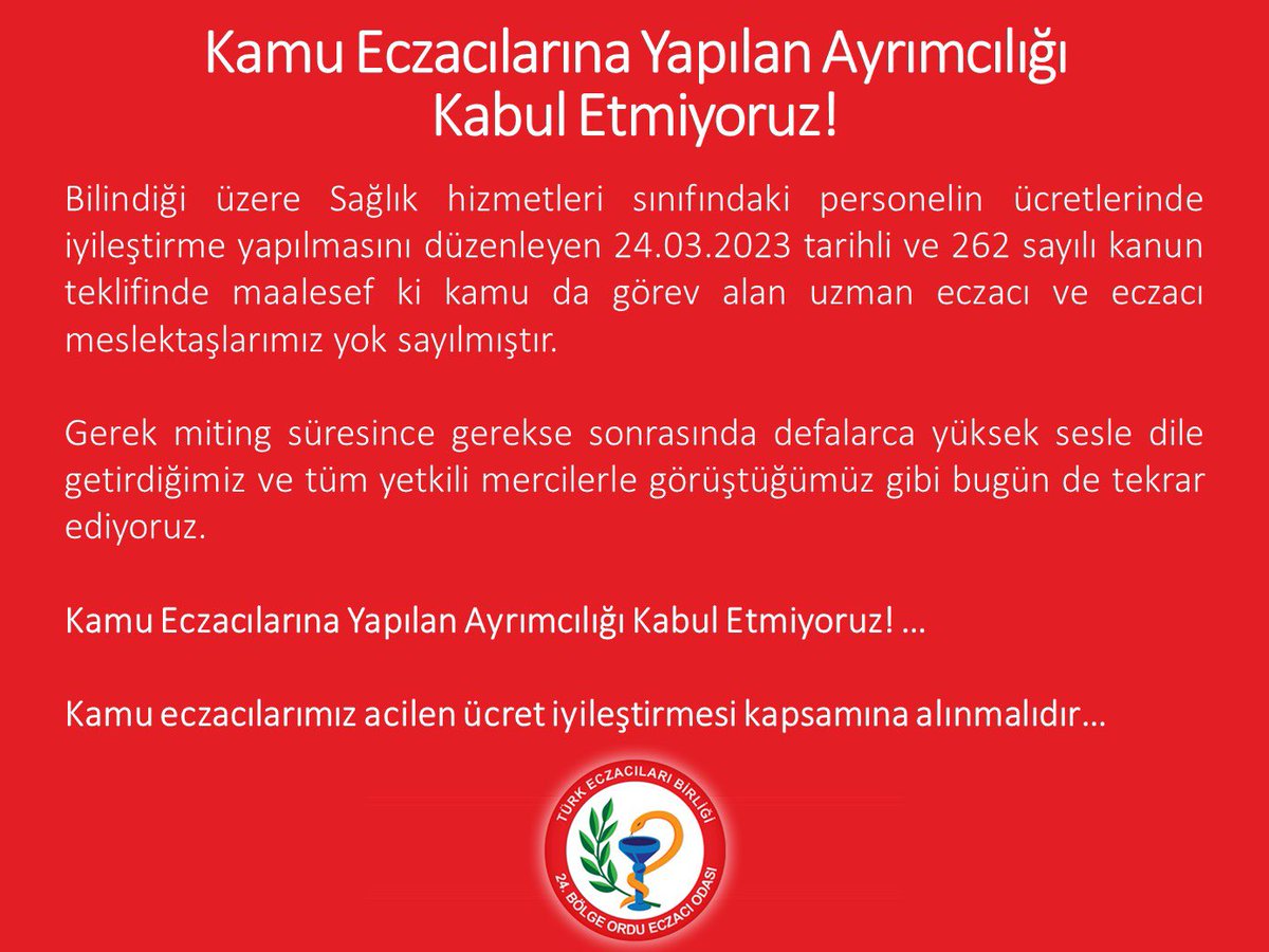 Kamu Eczacılarına Yapılan Ayrımcılığı Kabul Etmiyoruz! …
Kamu eczacılarımız acilen ücret iyileştirmesi kapsamına alınmalıdır…