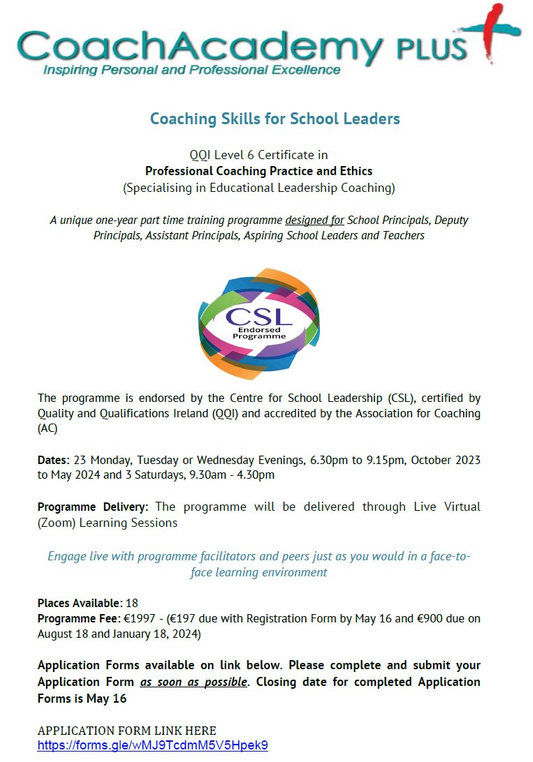 1/3 Good morning educators.  Wishing you all a well deserved break.  Here is something that we invite you to consider for some quality professional learning for next academic year.  QQI approved, <a href="/cslireland/">Centre for School Leadership 🇮🇪🇪🇺</a> endorsed &amp; accredited by the Association of Coaching