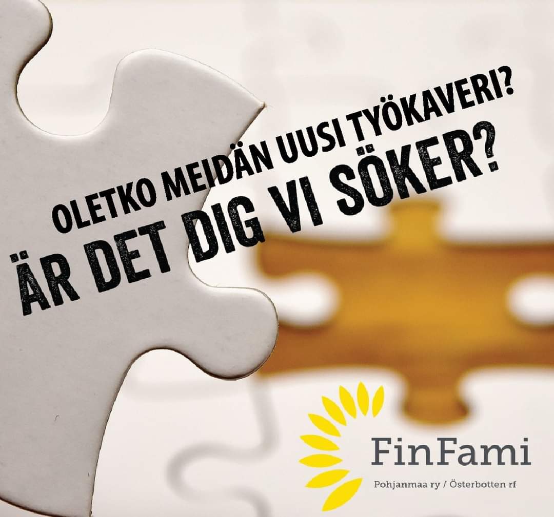 Haemme uusia osaajia tiimiimme! 💛 Vi söker nya medlemmar till vårt team! 💛

Anhörigkoordinator, FinFami Österbotten rf, Karleby
Omaistyönkoordinaattori, FinFami Pohjanmaa ry, Kokkola

Mera information här: tinyurl.com/2jwp7bkm
Lue lisää: tinyurl.com/3m9k8cbu