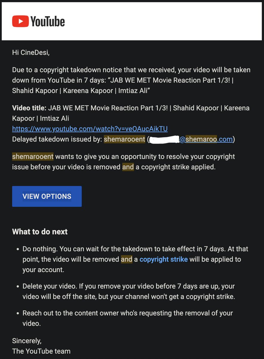 .<a href="/ShemarooEnt/">Shemaroo</a>, we got a copyright strike notice for Jab We Met Reaction. Our team works hard to stay within fair use showing just enough of the movie to contextualize our reaction/discussion. Its for fans  familiar with the film or to inspire people to watch it. Please reconsider