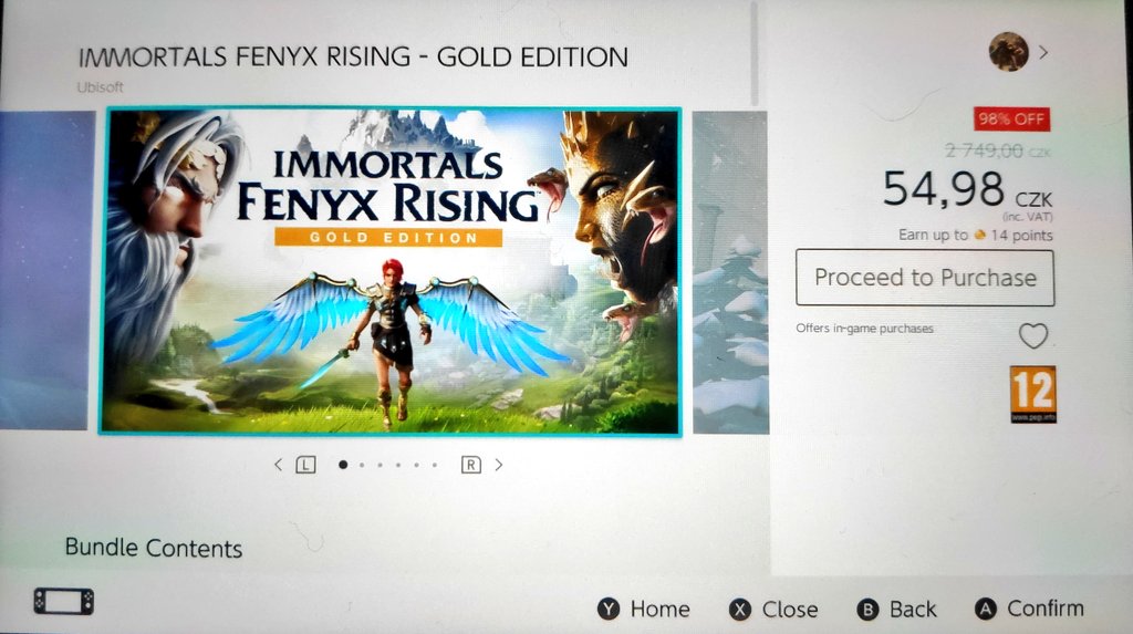 Hirobyte's tweet photo. #ErrorDePrecio Immortals Fenyx Rising Gold Edition (juego + season Pass) por 2,35€ en la eShop de República Checa (puedes pagar con tarjeta española o PayPal europeo). El juego sólo ya te cuesta 11,99€ en la eShop de España.

- Para cambiarte de país: https://t.co/zOt9E2BSi3 https://t.co/wAz6g2dPWD