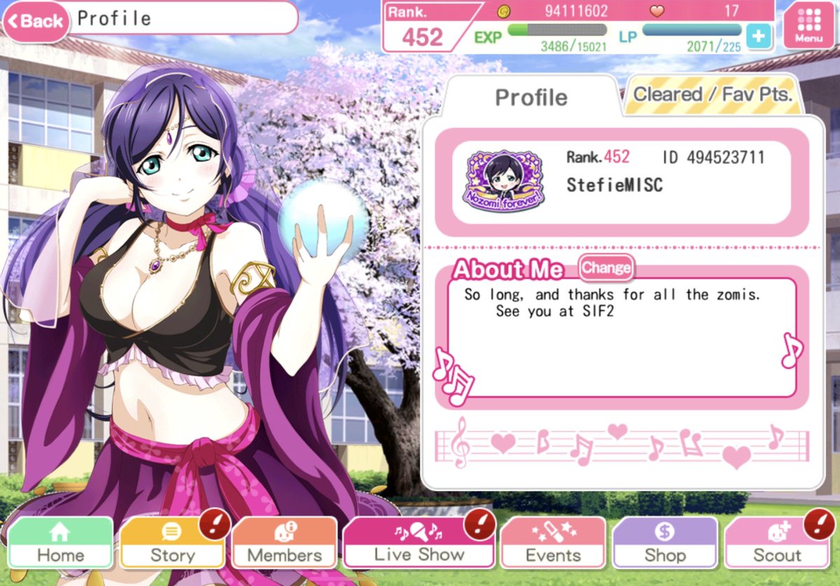 stefieMISC's tweet photo. Thank you, #LLSIF

For almost 9 full years of joy, friendship, and gacha pain.💜🌙

My last song was Takaramonos, as it should be.

日本に住んでいるので、これからは日本のサーバーでプレイするつもりです。#SIF2 でも友達になって欲しい～！よろしくお願いします。

See you in 15 days~ https://t.co/VwcLoZgPDC