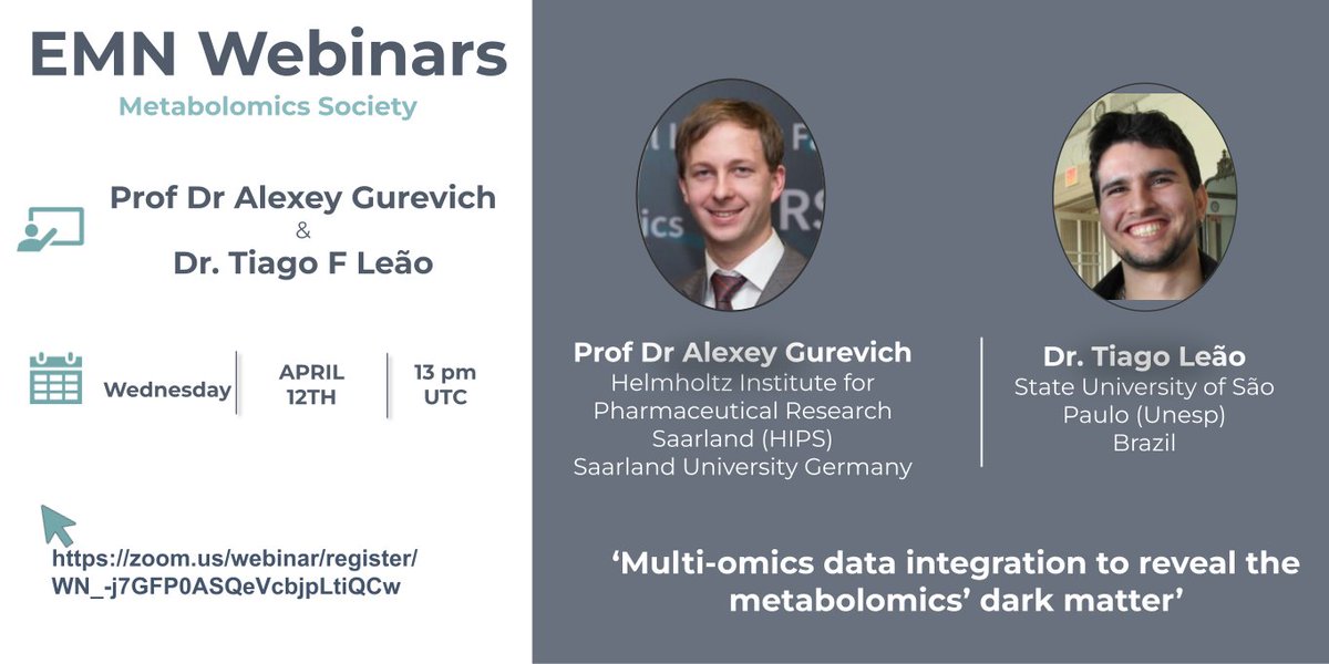 Hello everyone! Join us for this month's EMN Webinar from Prof Dr Alexey Gurevich and Dr Tiago Leão whom  will present three novel multi-omics bioinformatics tools: Nerpa, NRPminer, and NPOmix 

🗓️ Wednesday, April 12th, 2023
⏰1PM (UTC)

🗒️Register at: zoom.us/webinar/regist…