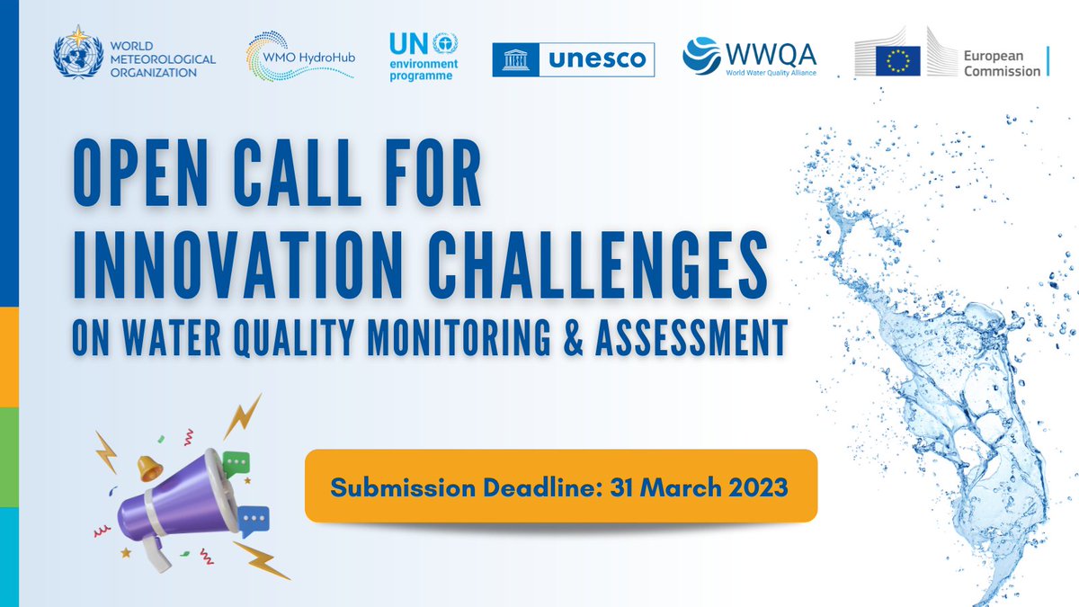 unescoWATER (@unescowater) on Twitter photo It's the last day📢!
Apply now for the Open Call for Innovation Challenges on Water Quality Monitoring & Assessment🌊, organized by <a href="/UNESCO/">UNESCO 🏛️ #Education #Sciences #Culture 🇺🇳</a>, <a href="/iaeaorg/">IAEA - International Atomic Energy Agency ⚛️</a>,<a href="/UN_WWQA/">WWQA World Water Quality Alliance</a>,<a href="/UNEP/">UN Environment Programme</a>,<a href="/EU_ScienceHub/">EU_ScienceHub</a> & <a href="/WMO/">World Meteorological Organization</a>.
Hurry up!
Deadline: 31 March 2023
More info➡ hydrohub.wmo.int/en/news-events… It's the last day📢!
Apply now for the Open Call for Innovation Challenges on Water Quality Monitoring & Assessment🌊, organized by <a href="/UNESCO/">UNESCO 🏛️ #Education #Sciences #Culture 🇺🇳</a>, <a href="/iaeaorg/">IAEA - International Atomic Energy Agency ⚛️</a>,<a href="/UN_WWQA/">WWQA World Water Quality Alliance</a>,<a href="/UNEP/">UN Environment Programme</a>,<a href="/EU_ScienceHub/">EU_ScienceHub</a> & <a href="/WMO/">World Meteorological Organization</a>.
Hurry up!
Deadline: 31 March 2023
More info➡ hydrohub.wmo.int/en/news-events…