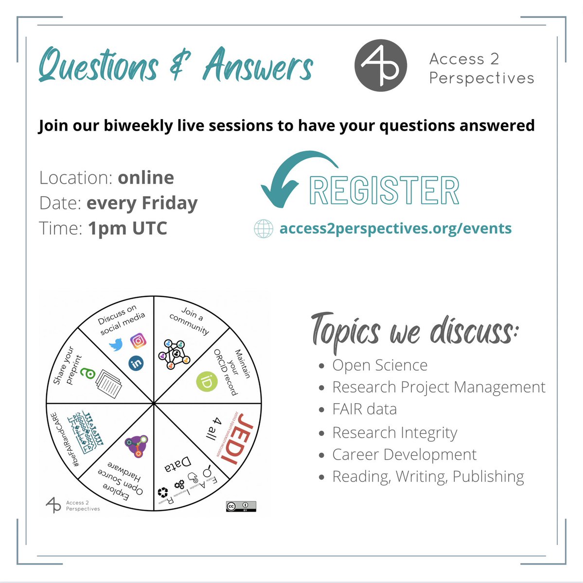 Join us for our community events.
We are looking forward to seeing you! 🙂

Register at forms.gle/LYPRmsj3HhJJUu…

#OpenScience // #OpenAccess // #PhDchat #PhDcareer // #researchdata // #GlobalResearchEquity