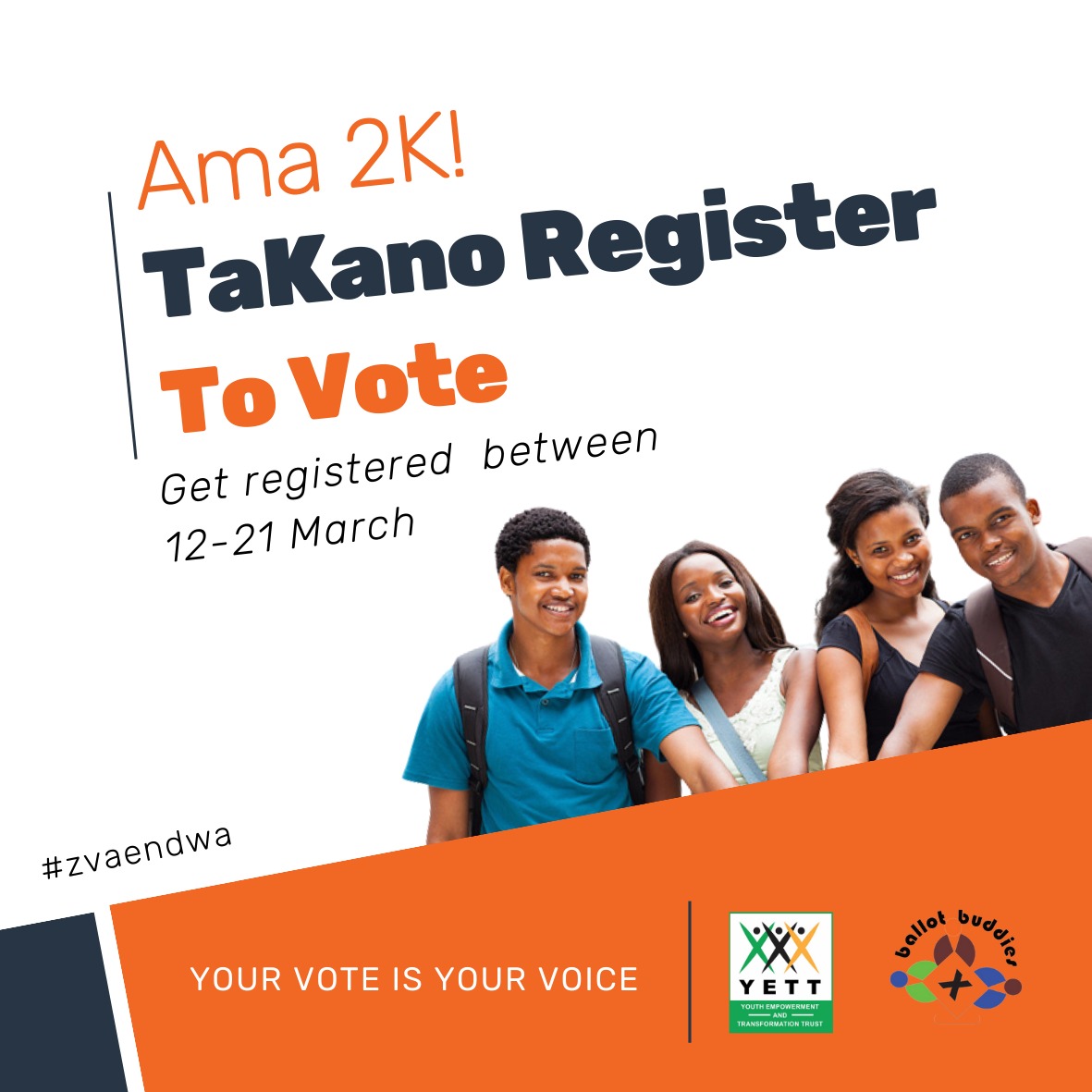 GwenTrust's tweet photo. Even if the registration blitz has ended, don't stress, you can still go and register to vote at your nearest ZEC district and provincial offices.
My first vote campaign “My Vote, My Voice”- this is your chance to make your voice be heard!
#IHaveToVote
#Zvaendwa
@YetTrust https://t.co/kNsDmnFYKq