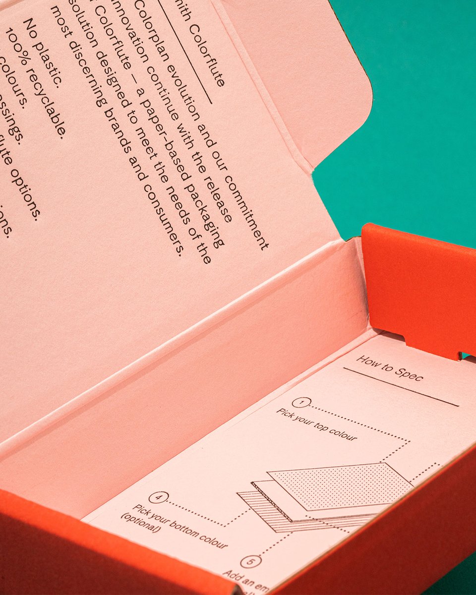 GFSmithpapers's tweet image. The #Colorflute swatch, produced by @liquoricepress, features a @colorplanpapers Bright Red 175gsm, Kraft E-flute, Candy Pink 175gsm outer box with a black foil emboss, sealed with a micro-perforated #ColorplanLabel in Factory Yellow. Request the swatch &amp;gt; bit.ly/3zmrVkS