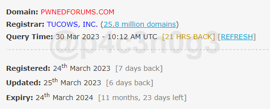 c4pt1kus's tweet photo. So a new forum called #Pwnedforums has been surface online. On their telegram channel, #Baphomet said this forums has nothing to do with him & other #BreachForums admins.

This #Pwnedforums  just registered on 03/24/2023. If you google "pwnedforums", the icon/logo are same with the one that used by #BreachForums before.

Honeypot? 🤔