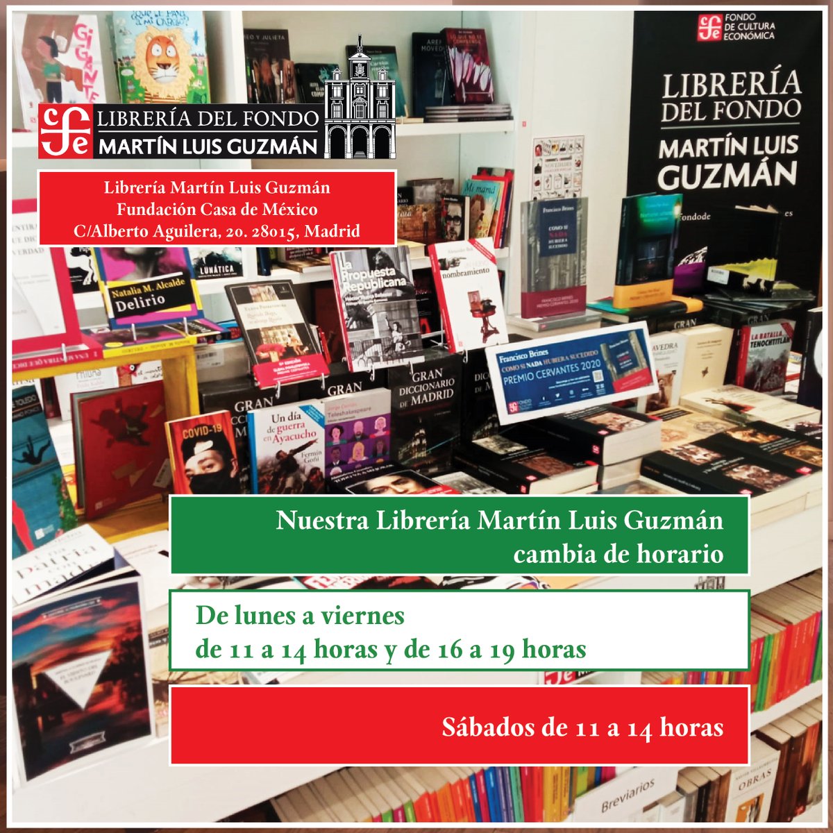 FCEEspana's tweet photo. A partir del lunes 3 de abril, el corazón de la @casademexicoesp va a empezar a latir en otro horario
La #LibreríaMartínLuisGuzmán abrirá sus puertas de 11 a 14 horas y de 16 a 19 horas de lunes a viernes y los sábados de 11 a 14 horas https://t.co/knYmr1OFtD