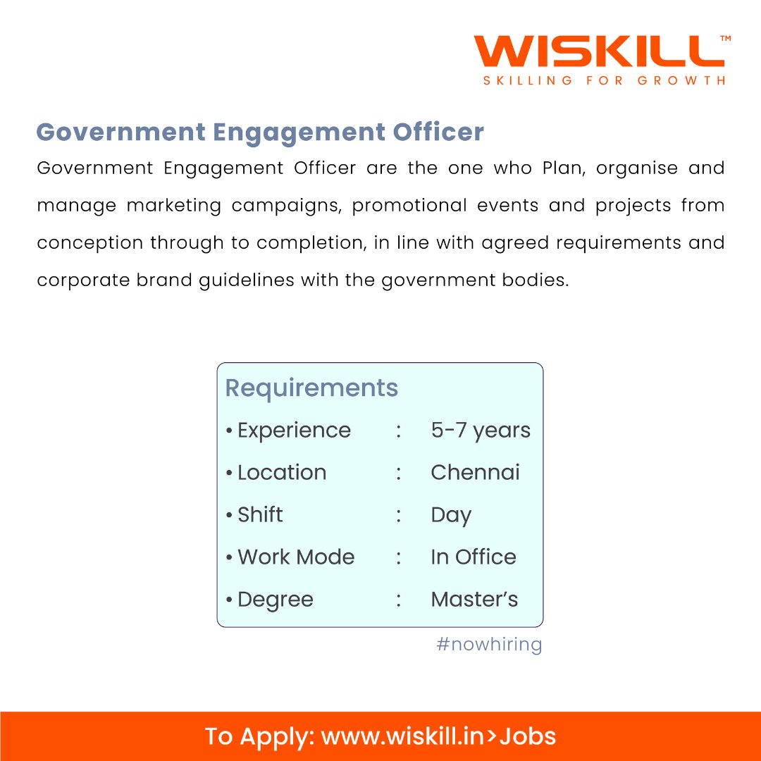 WiSkillOfficial's tweet photo. Wiskill is hiring a government engagement officer! who likes to be updated and organized! To know more, click the link below.
https://t.co/3CW32Fd9bY
#assessmenttestforjobs #jobcareertest #assessmentjobs #skilldevelopmentinstitutes #skilldevelopmentprograms https://t.co/F371E0EZC4