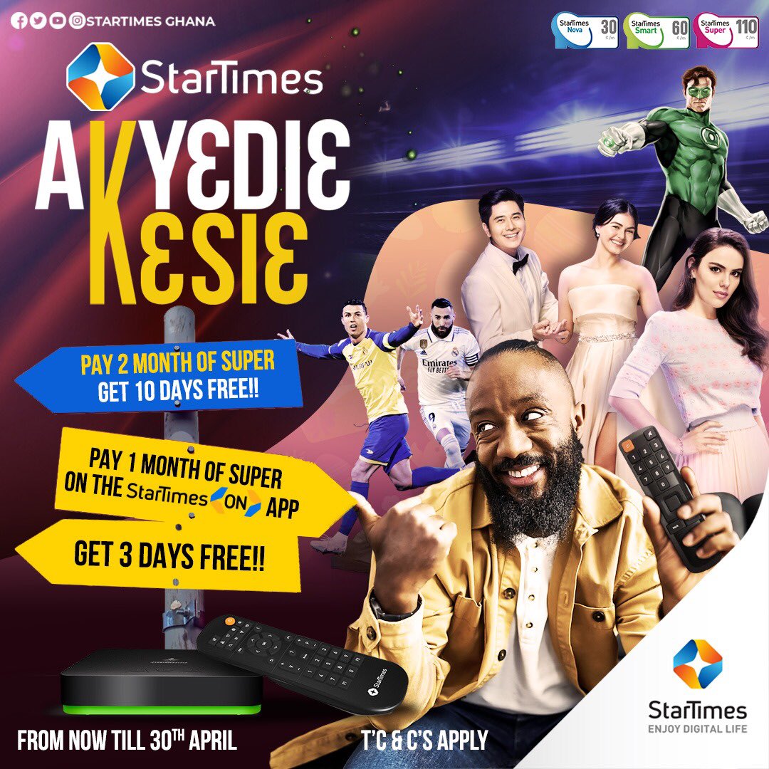 StarTimes Easter AKYƐDIƐ KƐSIƐ!! From now till April 30, pay for 2 months of Super & get 10 days free or pay for 1 month via StarTimes ON App & get 3 days free! Subscribe now while promo lasts >> download StarTimes ON📲bit.ly/3JRhGd4 #StarTimes #StarTimesAkyedieKesie