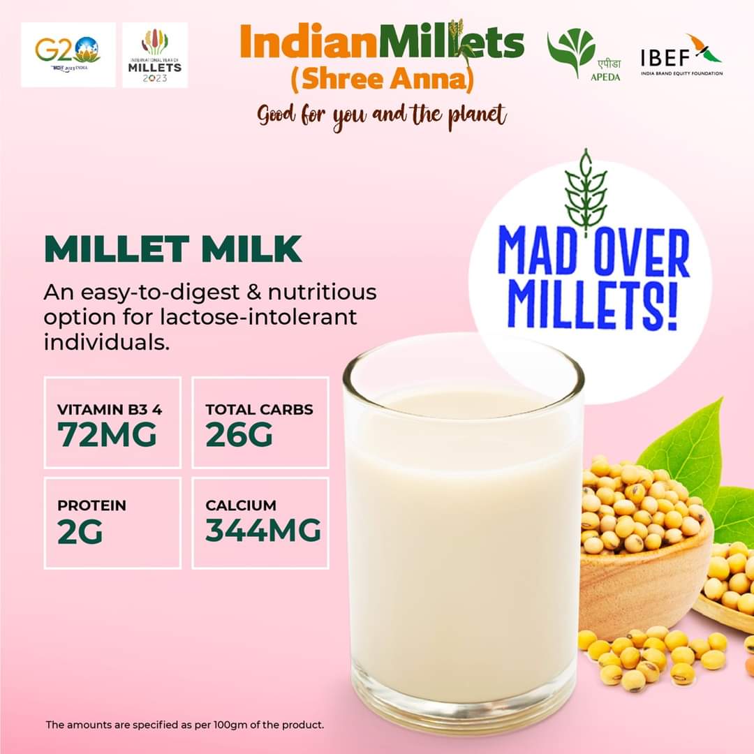 Brands_India's tweet photo. Millet milk is rich in Copper, Manganese, Magnesium, Vitamin B3, Iron, and Vitamin B1.
Register Now for the Virtual Trade Fair for Millets: https://t.co/4Q63wT6dUS
#FoodSecurity #Magicofmillets #Milletsforlife #Loveformillets #MadeInIndia #IYM2023 #YearofMillets #APEDA https://t.co/B5VOc4oV0I