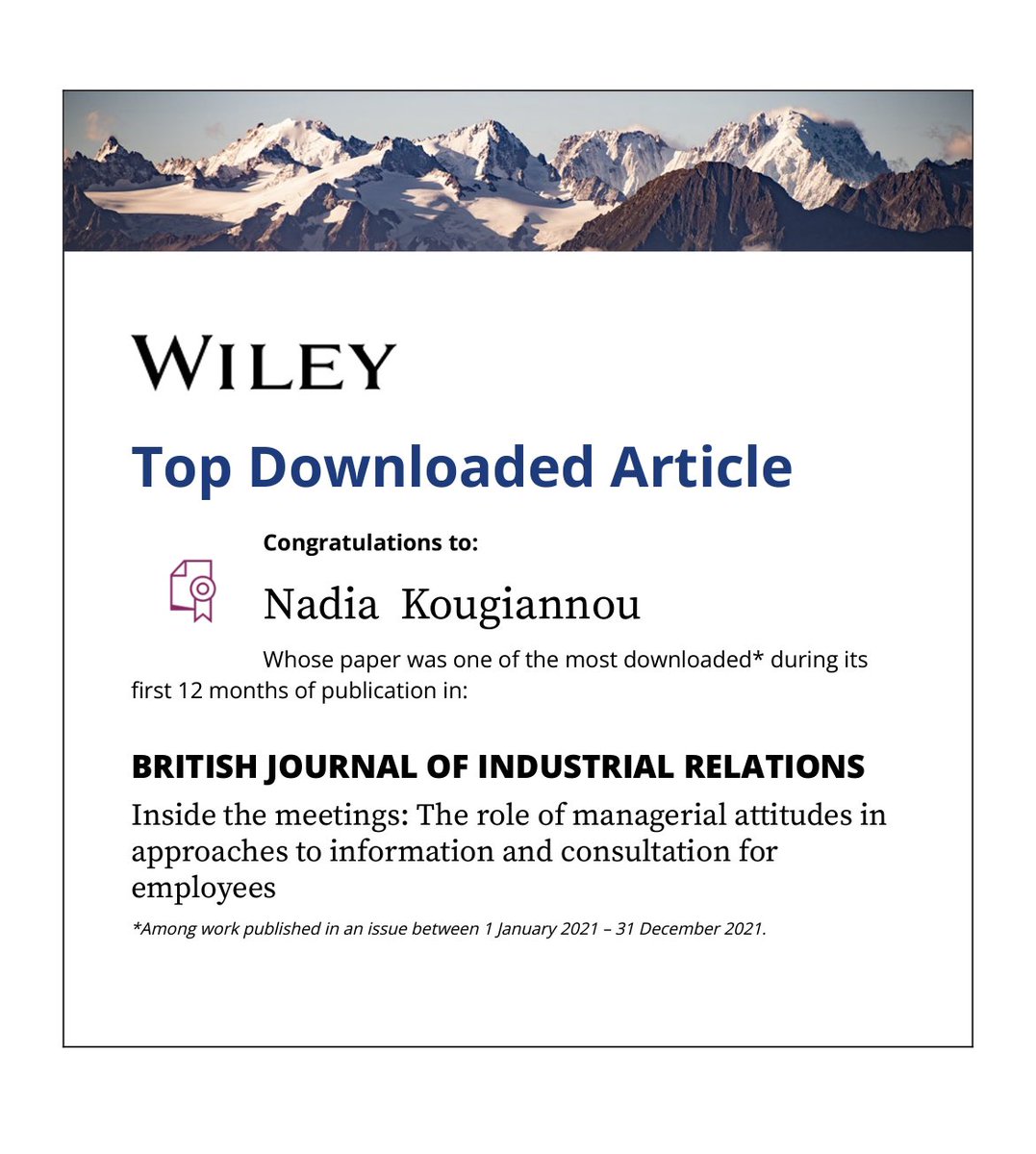 Delighted and grateful to see that our paper on managerial attitudes & #employeevoice has been one of the most downloaded in the British Journal of Industrial Relations. It’s an honor to have our work recognized and appreciated. @dundon_tony @GriffithBiz @NBS_NTU @WileyBusiness