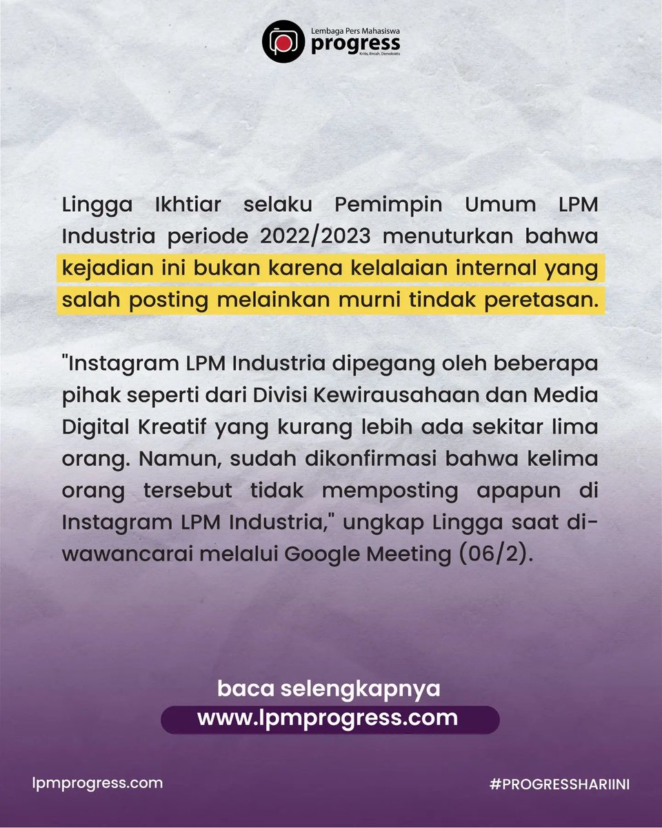 [LIPUTAN UTAMA]

Lembaga Pers Mahasiswa (LPM) Industria Politeknik STMI Jakarta mengalami peretasan akun official Instagram LPM Industria dengan username <a href="/lpmindustria/">LPM Industria</a>, Oktober 2022. Simak Kronologinya dalam : lpmprogress.com/post/lpm-indus…

#LPMIndustria
#LPMProgress
#PROGRESSHARIINI