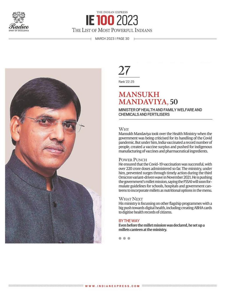 𝐂𝐨𝐧𝐠𝐫𝐚𝐭𝐮𝐥𝐚𝐭𝐢𝐨𝐧𝐬 🎊 

Best wishes to Hon'ble Union Minister <a href="/mansukhmandviya/">Dr Mansukh Mandaviya</a> ji for being included in the list of 100 most powerful people of the country by #TheIndianExpress . 

This honour is a testimony to your allegiance and selfless commitment to the country.