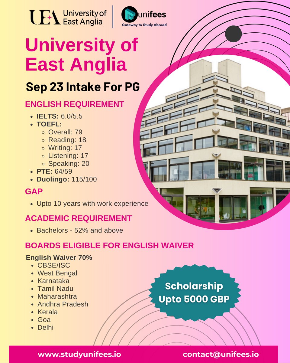 Ready to take your education to the next level? 
Apply for our Postgraduate programs at the #UniversityofEastAnglia starting this September and you could receive a scholarship of up to £5000!
The University of East Anglia is a public research university in #Norwich, #England.