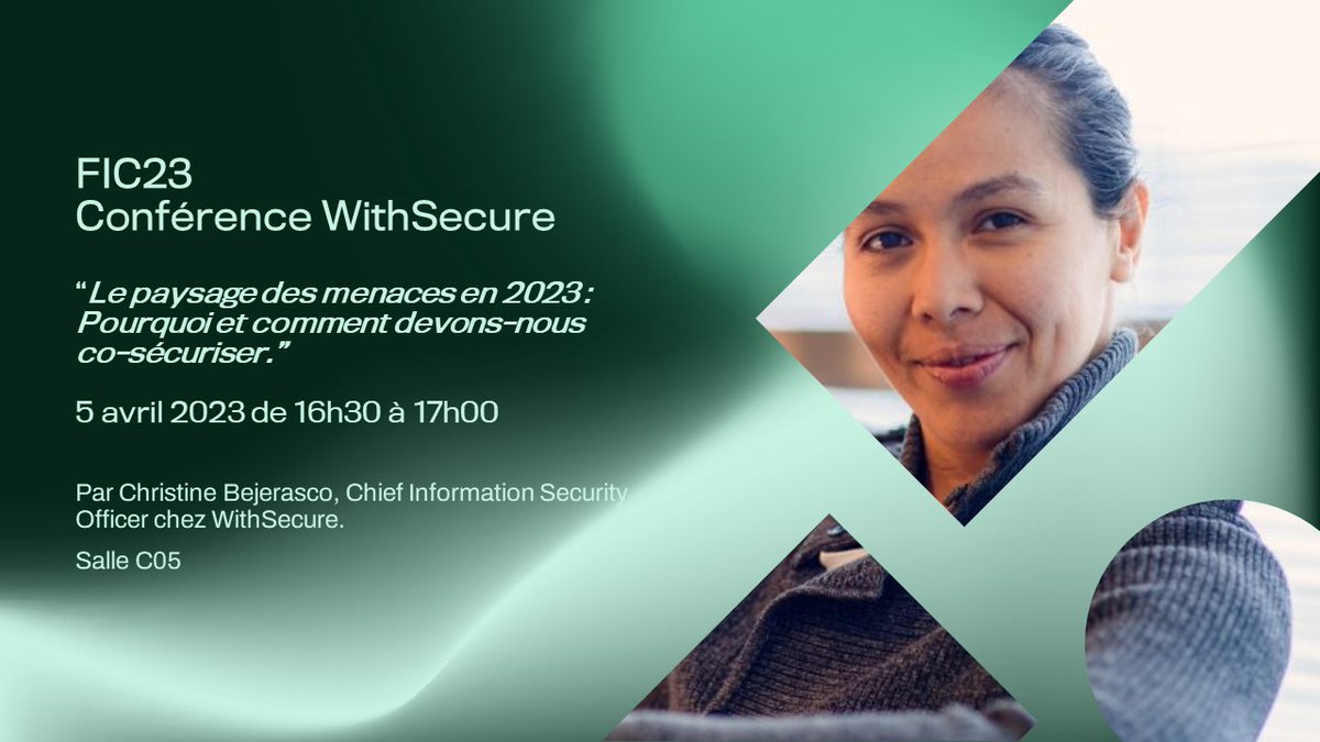 Retrouvez notre CISO <a href="/chrisbejz/">Chris Bejerasco</a>  lors du @FIC_eu, le 5 avril prochain, sur le thème : "Le paysage des menaces en 2023 : Pourquoi et comment devons-nous co-sécuriser". Salle C05
Nous vous attendons nombreux !
<a href="/WithSecure_FR/">WithSecure France</a> stand B32 du 5 au 7 avril.
