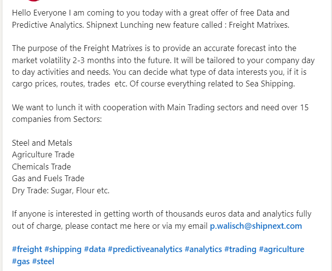 SalesShipnext's tweet photo. Shipnext offers free Data and Predictive Analytics to 15 chosen companies from: #Steel #metal , #agricultural #chemicals #gas #sugar and dry cargo trading companies. We are Lunching new feature called : Freight Matrixes! Read here: https://t.co/yX7yQLS6OI https://t.co/Nk4LuZN0HS