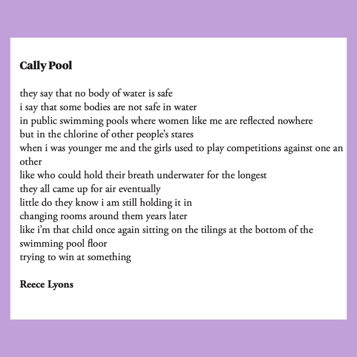 Sharing this incredible poem by @reecelyons_ on International Trans Day of Visibility! Reece is an incredible poet, writer + actress + recently ran one of our poetry workshops with @queercircle. We love Reece’s writing so much! Cally Pool is taken from Issue 6. 🏊‍♀️ 🏳️‍⚧️ #TDOV2023